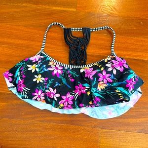 California Waves Juniors Wildflower Printed Flounce Bikini Top   NWT SZ L